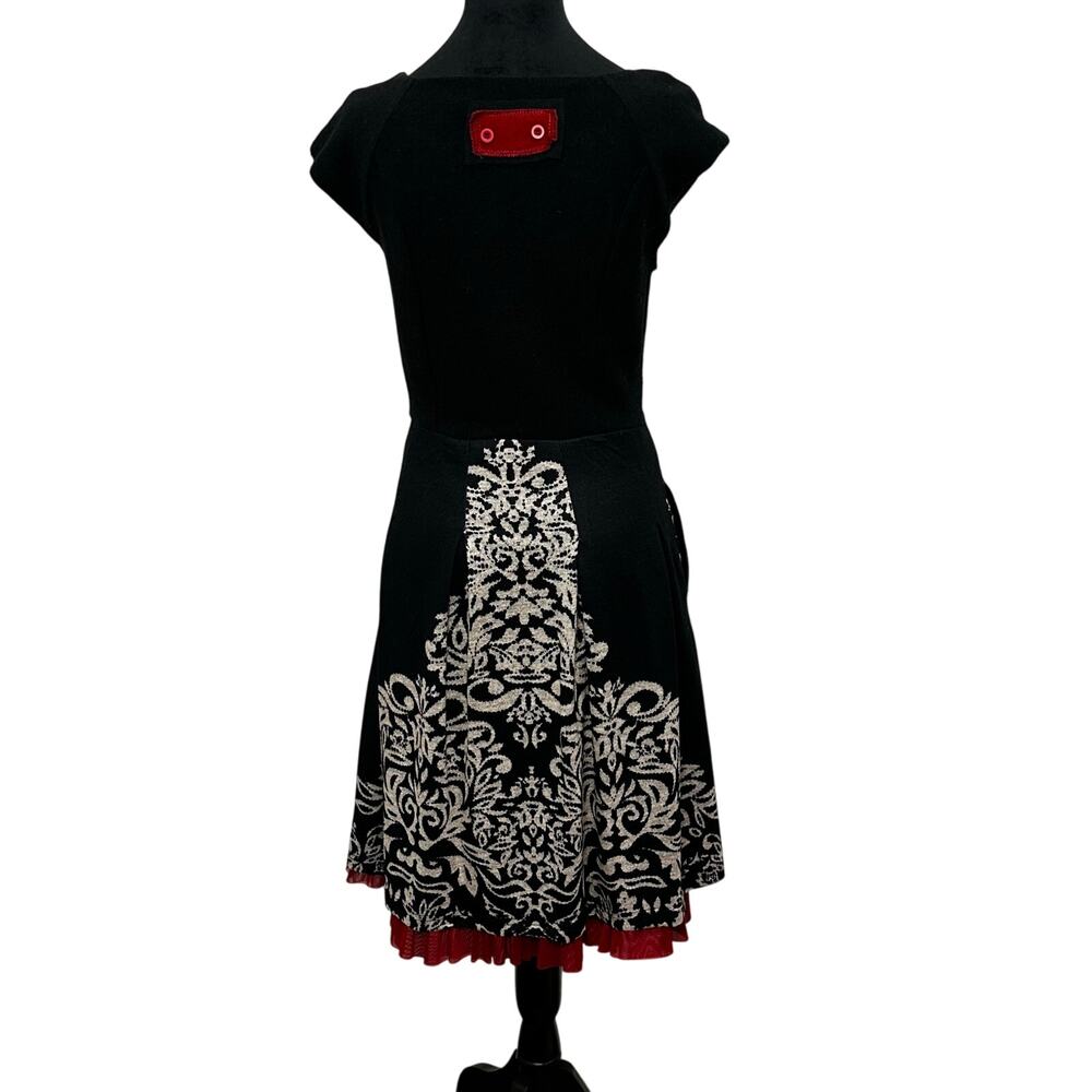 Vintage Lulu H Paris Fit Flare Dress L Black Red Lace Lagenlook Minor Flaw - Picture 3 of 13